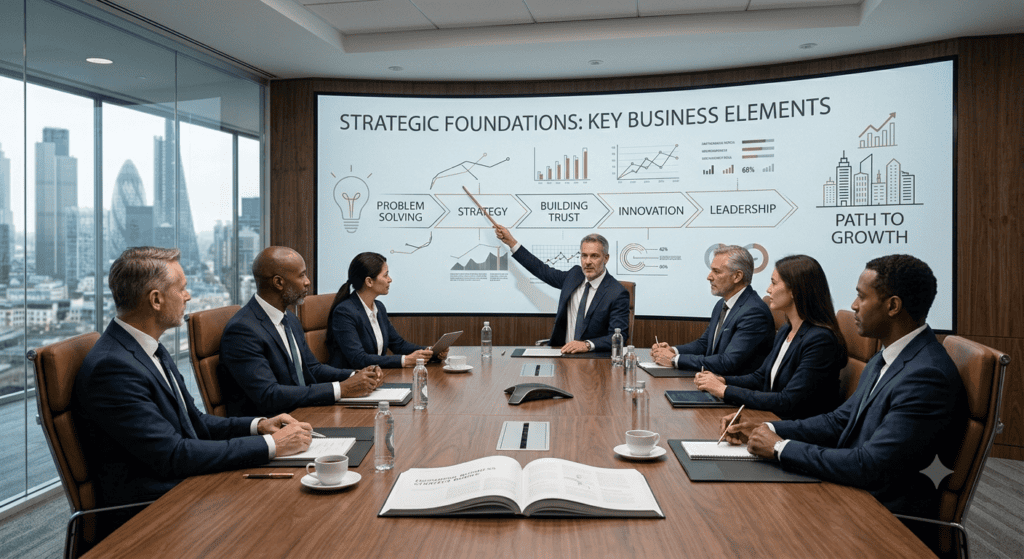 Business team in a boardroom reviewing a presentation on strategy, innovation, and leadership for business growth.