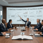 Business team in a boardroom reviewing a presentation on strategy, innovation, and leadership for business growth.