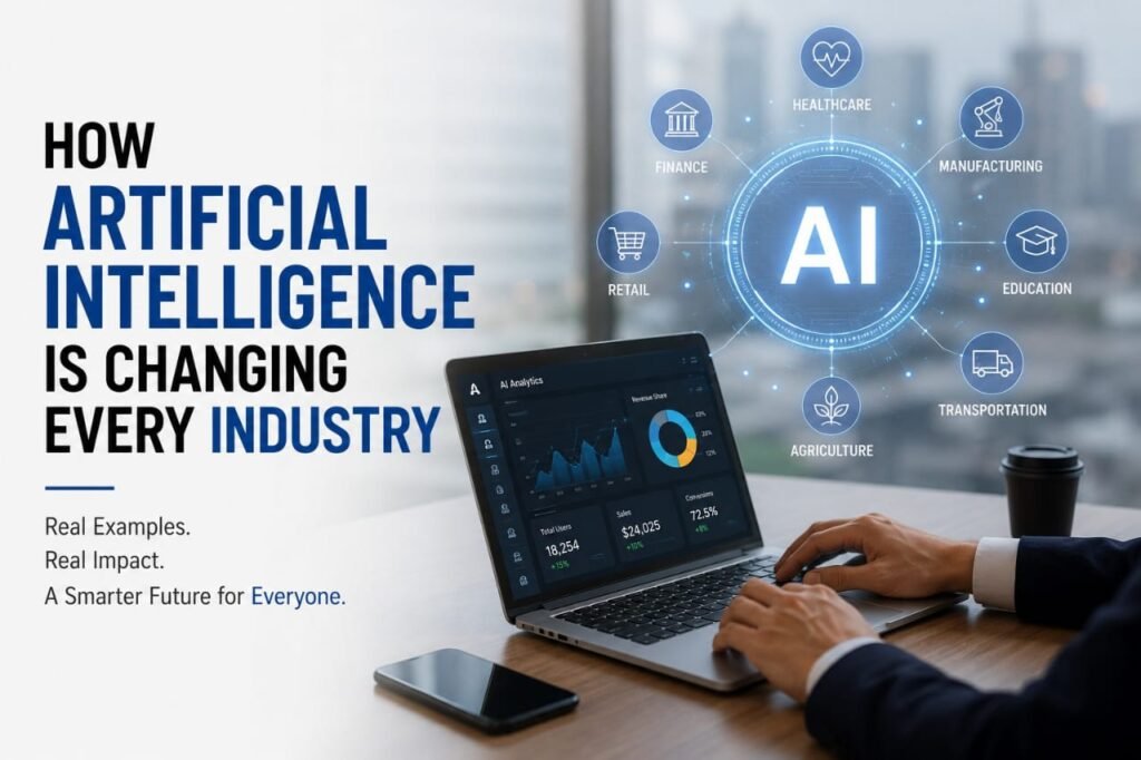 Artificial Intelligence transforming healthcare, finance, retail, education, and manufacturing.