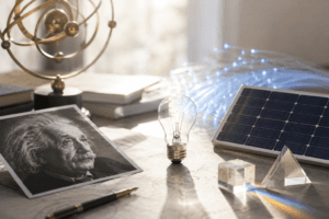 Einstein Light Theory concept showing Albert Einstein and modern technology