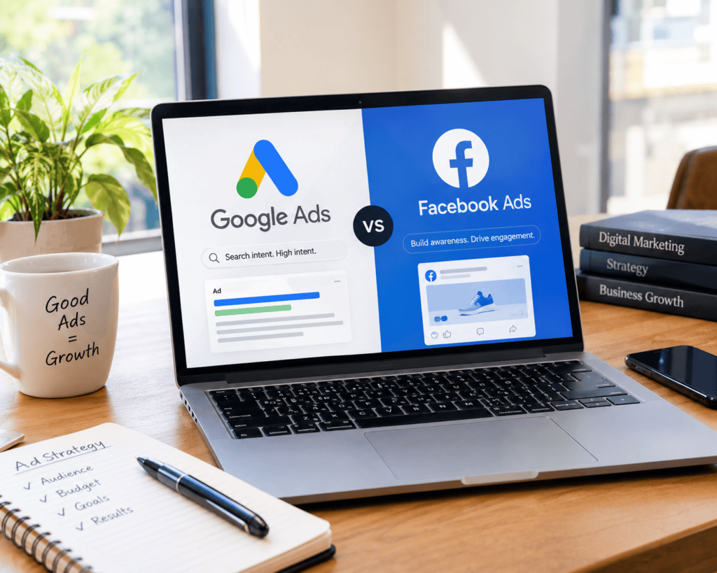 Google Ads vs Facebook Ads comparison showing digital marketing platforms for business advertising