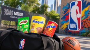 Nestlé NBA Deal featuring Milo, Nesquik, Nescau products and NBA basketball on an outdoor basketball court